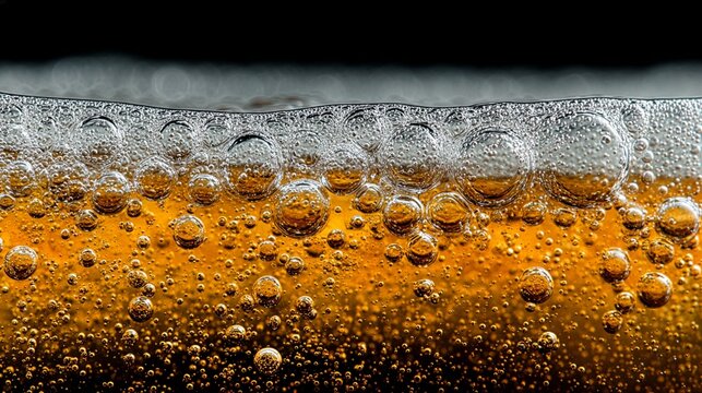 Macro texture of golden beer foam and bubbles, refreshing alcoholic drink background