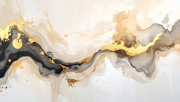 Abstract ink painting with gold and black swirls on white