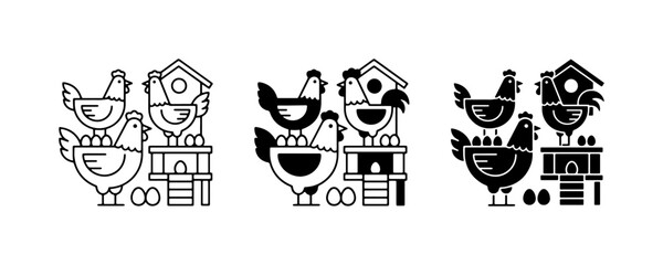Chicken Coop Icons, Farm Animals, Poultry Nesting Boxes, Eggs, Simple Vector Graphics © Minhazul