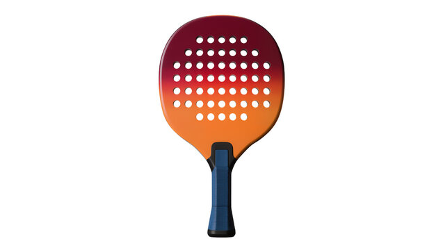 Gradient red and orange padel racket with blue handle, isolated on transparent background