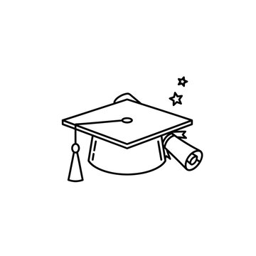 Academic mortarboard and rolled diploma icon with stars.