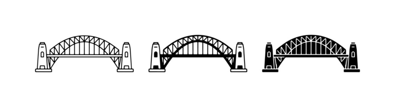 Steel Arch Bridge Icons, Silhouette and Outline, Architectural Landmark Vector Set