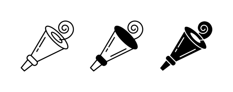 Party Horn Icons, Celebration Noise Maker Vector Graphics, Festive Blowout Symbols