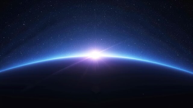 Dawn over planet horizon with blue glow and starfield sunrise minimalist monochrome geometric