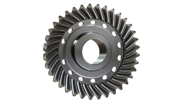 Metal bevel gear with teeth and bolt holes, isolated on transparent background