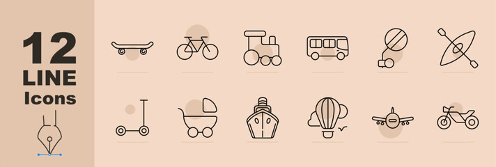 Transport vehicles set icon. Line icons with skateboard, bicycle, train engine, bus, stroller, kayak paddle, scooter, pram, ship, hot air balloon, airplane, motorcycle. © Anastasia