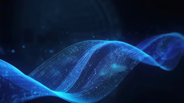 Digital blue data wave flowing with glowing motion and minimalist abstract repeating geometric