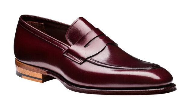 Burgundy leather penny loafer shoe with wooden heel, isolated on transparent background