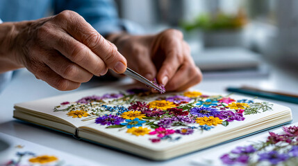 Fototapeta premium A close-up of European hands arranges softly small pressed dried flowers onto an open cream journal page on a calm bright windowsill, tweezers held gently, softly defocused bright