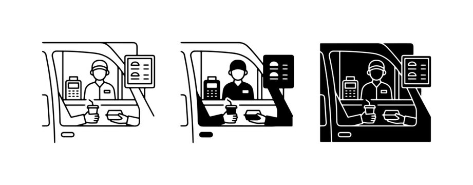 Drive-Thru Service Icons, Fast Food Ordering, Car Window Service, 3 Styles