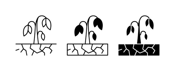 Drought stricken plants, wilting vegetation icons, dry cracked earth, environmental crisis © Tanzila
