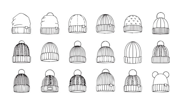 Collection of hand-drawn knit beanies with pom-poms and patterns on a white background symbolizing winter fashion accessories