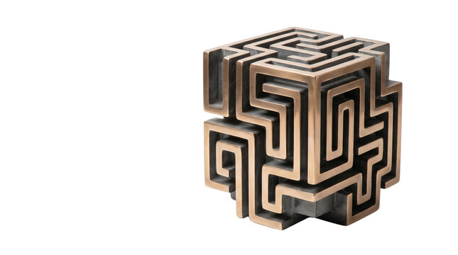 Intricate bronze maze cube sculpture, metallic labyrinth puzzle object, complex geometric 3D path concept for business strategy and problem solving isolated PNG with Transparent Background