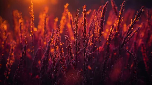Golden backlit wild grass seed head at sunset with warm light glowing bokeh mood and serene field
