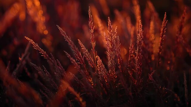 Golden backlit grass stems glowing warm sunset light with shallow focus, glowing bokeh