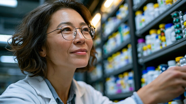 Female quality assurance scientist in lab coat pulling pharmaceutical stability samples from a large walk-in stability storage chamber, rows of neatly organized sample bottles and