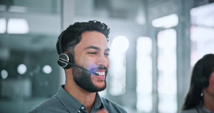 Mic, call center and businessman with computer in office for help desk, crm or online consultation. Headset, technology and male technical support agent with customer service on omnichannel system.