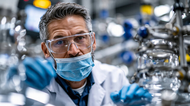 Senior pharmaceutical chemist in full PPE including respirator and chemical-resistant gloves monitoring a glass-lined reactor vessel during active pharmaceutical ingredient synthes