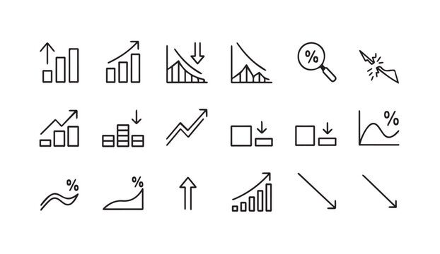 Collection of line icons showing financial growth and decline with percentage symbols and arrows