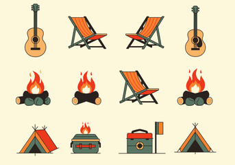 Camping and Outdoor Adventure Icon Set Featuring Campfire, Acoustic Guitar, Deck Chairs, and Tents in Flat Line Art Style for Summer Vacation and Glamping Designs © Desti