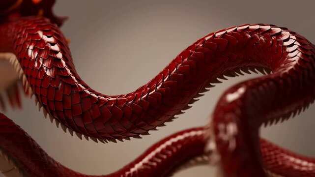 Tracking shot of red serpent body undulating and twisting in studio set with neutral background closeup