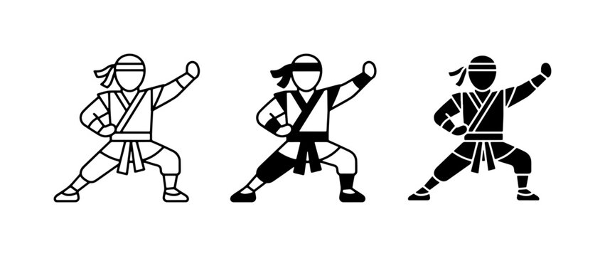 Martial Arts Icons, Karate Fighter Poses, Ninja Warrior Silhouette, Combat Sports Vector Set
