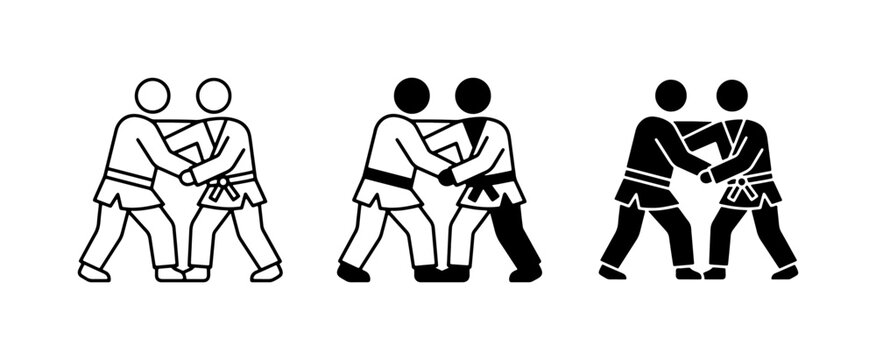 Martial Arts Icons: Judo, Karate, Aikido Combat, Sport Competition, Training Figures