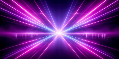 Fototapeta premium An abstract purple background features a shiny star burst and vibrant disco laser rays, creating a glowing pink and blue space flare design with bright energy beams