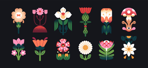 Fototapeta premium Abstract flowers in symmetrical style set. Different wildflowers with geometric shape. Various blooming meadow plants with leaves and mushrooms. Floral decoration. Flat isolated vector illustrations