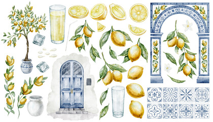 Watercolor lemon illustrations including fruits, slices, leaves, flowers, drinks, decorative tiles and branches. Citrus and Mediterranean elements on isolated background for packaging, kitchen poster © Alisles