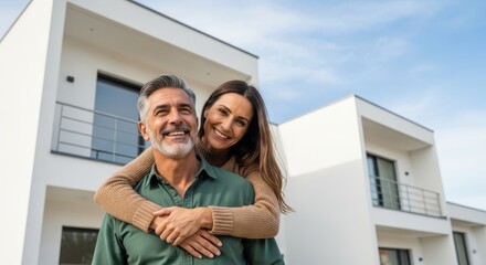 Fototapeta premium Happy Middle-Aged Couple Hugging in Front of Their New Modern Luxury Home Under Blue Sky