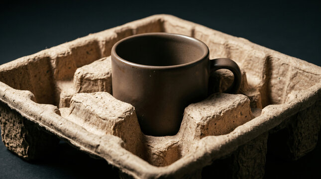 Brown Ceramic Coffee Mug in Eco Friendly Molded Pulp Packaging Tray
