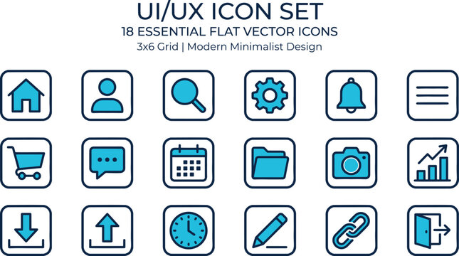Modern UI UX icon set, 18 essential flat vector icons for web and mobile apps, minimalist blue and black interface symbols in a 3x6 grid