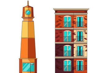 Modern City Architecture Vector Set Featuring a Tall Clock Tower and a Multi-Story Brick Apartment Building Isolated on White © Rayan