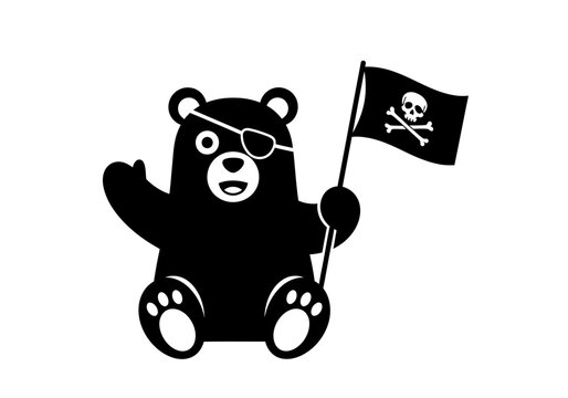 Cartoon bear pirate waving a flag vector illustration isolated on white