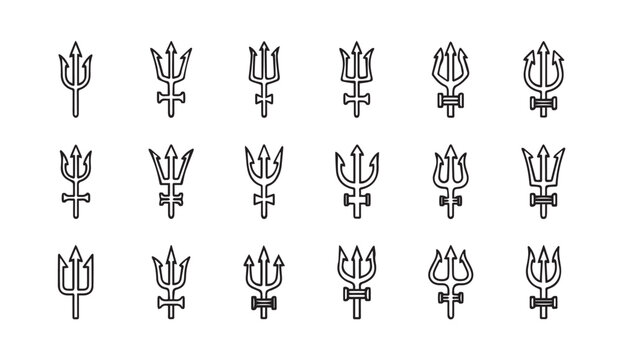 Collection of trident icons in clean outline style on white background for graphic design