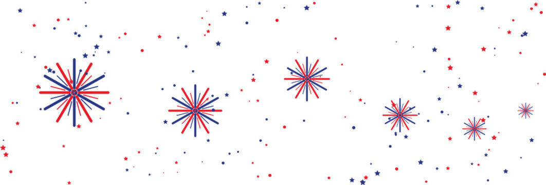 Patriotic red and blue fireworks vector, festive starburst confetti background for Fourth of July. American holiday celebration border with scattered glitter and firework bursts on white.