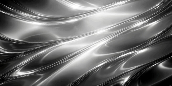 Abstract metal and silver background with smooth flowing waves of liquid silk and soft blue light on a dark grey texture backdrop