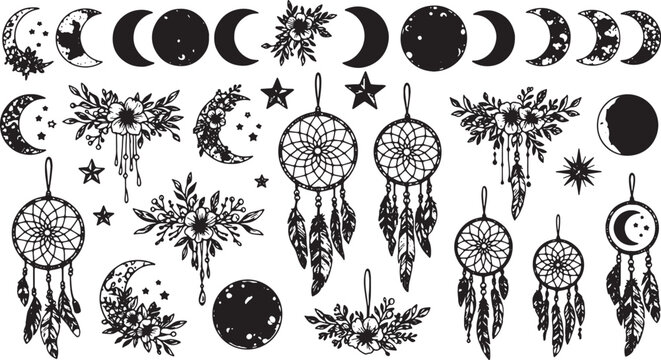 Boho Dreamcatcher and Celestial Moon Phases Vector Illustration Set with Stars and Florals
