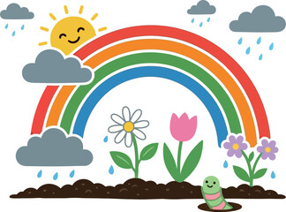Naklejka premium Cute Spring Garden Rainbow Illustration