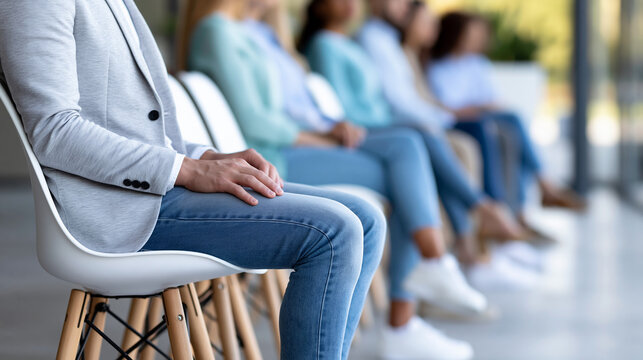 Group of anonymous job candidates seated in a bright office waiting area, pre-interview recruitment and career aspiration concept, faceless, defocused, with copy space