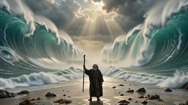 Biblical Moses stands holding his wooden staff while the giant ocean miraculously parts into massive water walls under glowing divine light symbolizing profound faith powerful religious salvation 
