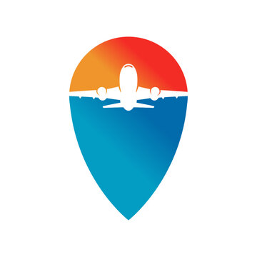 Logotipo para viajes a&eacute;reos, aviaci&oacute;n y viajes de vacaciones. Puntero de localizaci&oacute;n con la silueta de un avi&oacute;n volando en espacio negativo 