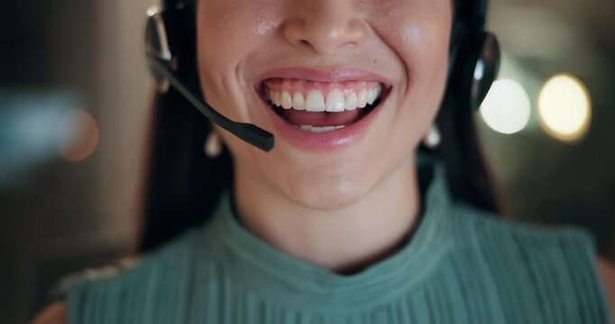 Headset, mouth and consultant in office at night with multilingual advisory for global client. Happy, woman and call center agent with mic for international customer support with crm in workplace.