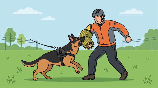 Vector Dog Training Illustration - Biting Dog and Man Cartoon