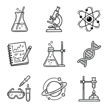 Collection of science and chemistry icons in doodle style.