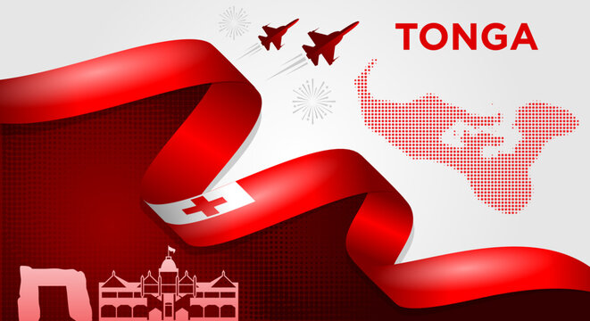 Tonga National Day Background with Waving Flag Ribbon, Tonga Map and Skyline Vector Illustration