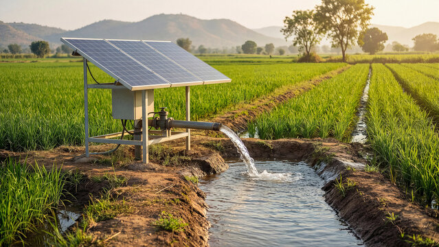 Solar powered water pump irrigating green rice field with flowing water channel in rural farmland for sustainable agriculture renewable energy farming and clean irrigation technology concept