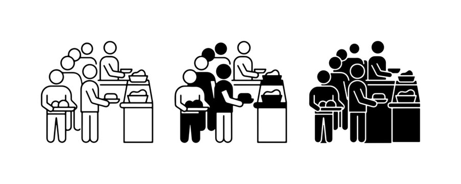 Buffet Line Icons, People Queueing for Food Service, Catering Event Vector Graphics
