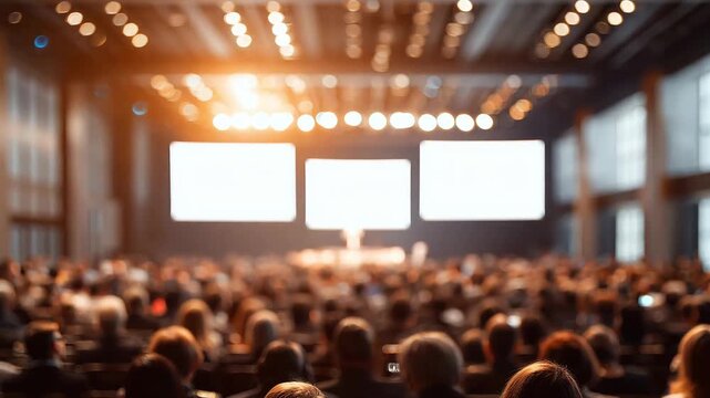 Large audience listens to speaker at a conference with many screens showing presentations in a spacious hall